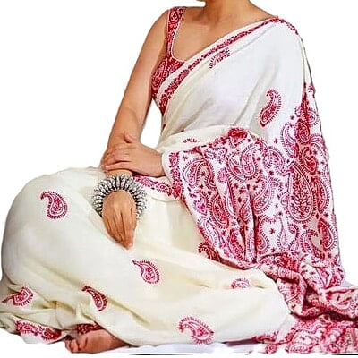 White & Red Pure cotton Embroidery saree with blouse