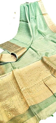 Pastel Cyan Blue Pure Tussar Linen Silk Banarasi Saree