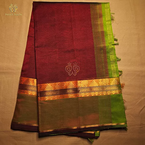 Pure Silk Cotton Dark Maroon Green Border Trisha Fame Saree - VTV Inspired