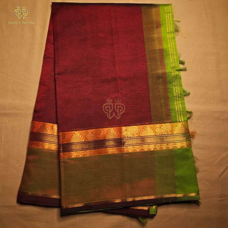 Pure Silk Cotton Dark Maroon Green Border Trisha Fame Saree - VTV Inspired