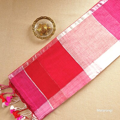 Red Multicoloured Organic Handloom Linen Saree