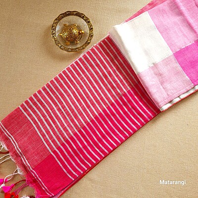Red Multicoloured Organic Handloom Linen Saree