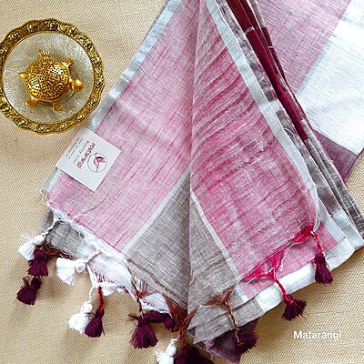 Burgundy Multicoloured Organic Handloom Linen Saree