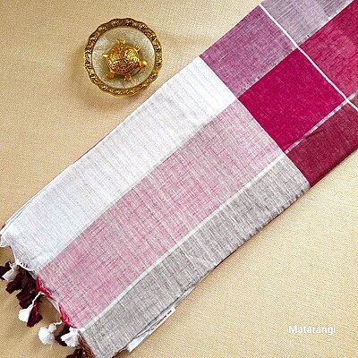 Burgundy Multicoloured Organic Handloom Linen Saree