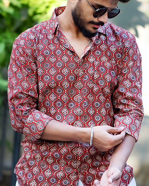 Rawscal Men’s Printed Cotton Shirt – Maroon Ethnic Motif | Full Sleeves