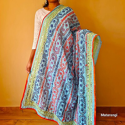 Light Blue Chapa Phulkari Georgette Duppatta