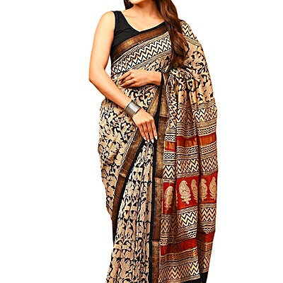 Black & Cream Handblock Printed Maheshwari Silk Saree