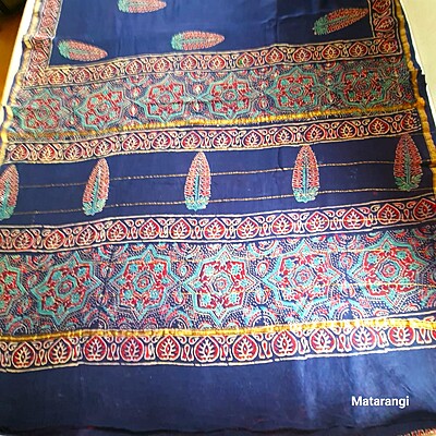 Navy Blue Hand Block Printed Organic Chanderi Silk Saree
