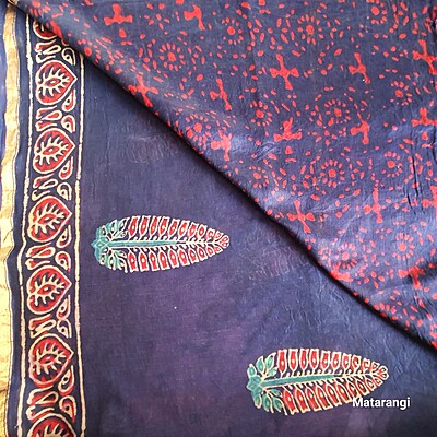 Navy Blue Hand Block Printed Organic Chanderi Silk Saree