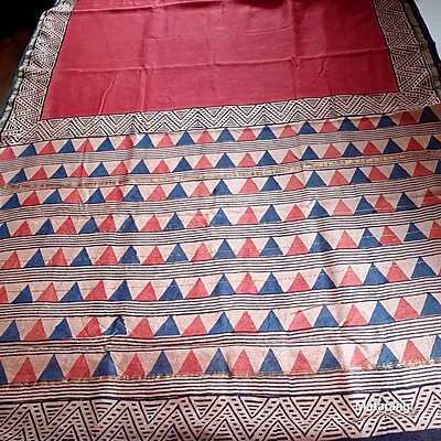 Brick Red Hand Block Printed Organic Chanderi Silk Saree