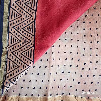 Brick Red Hand Block Printed Organic Chanderi Silk Saree