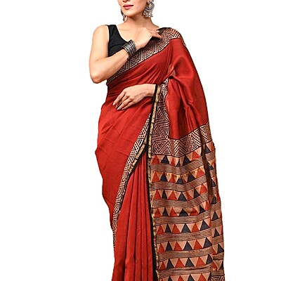 Brick Red Hand Block Printed Organic Chanderi Silk Saree