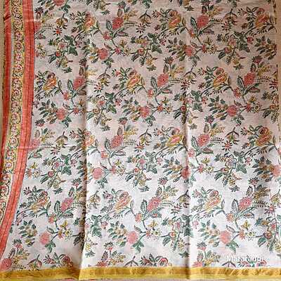 White Floral Hand Block Printed Organic Chanderi Silk Saree