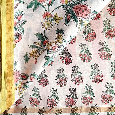 White Floral Hand Block Printed Organic Chanderi Silk Saree