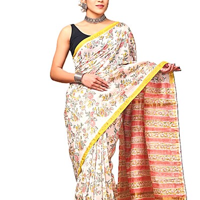 White Floral Hand Block Printed Organic Chanderi Silk Saree