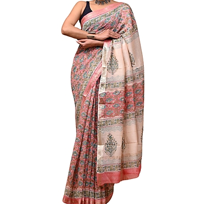Pink and Blue Hand Block Printed Maheshwari Silk Saree