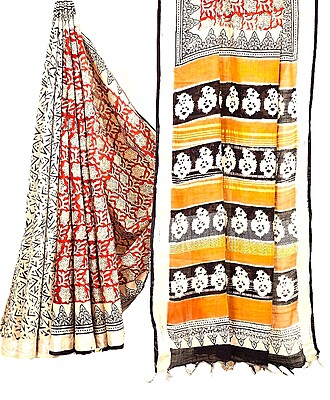 Matarangi Red Floral Handblock Printed Linen Cotton Saree Matarangi Red Floral Handblock Printed Linen Cotton Saree