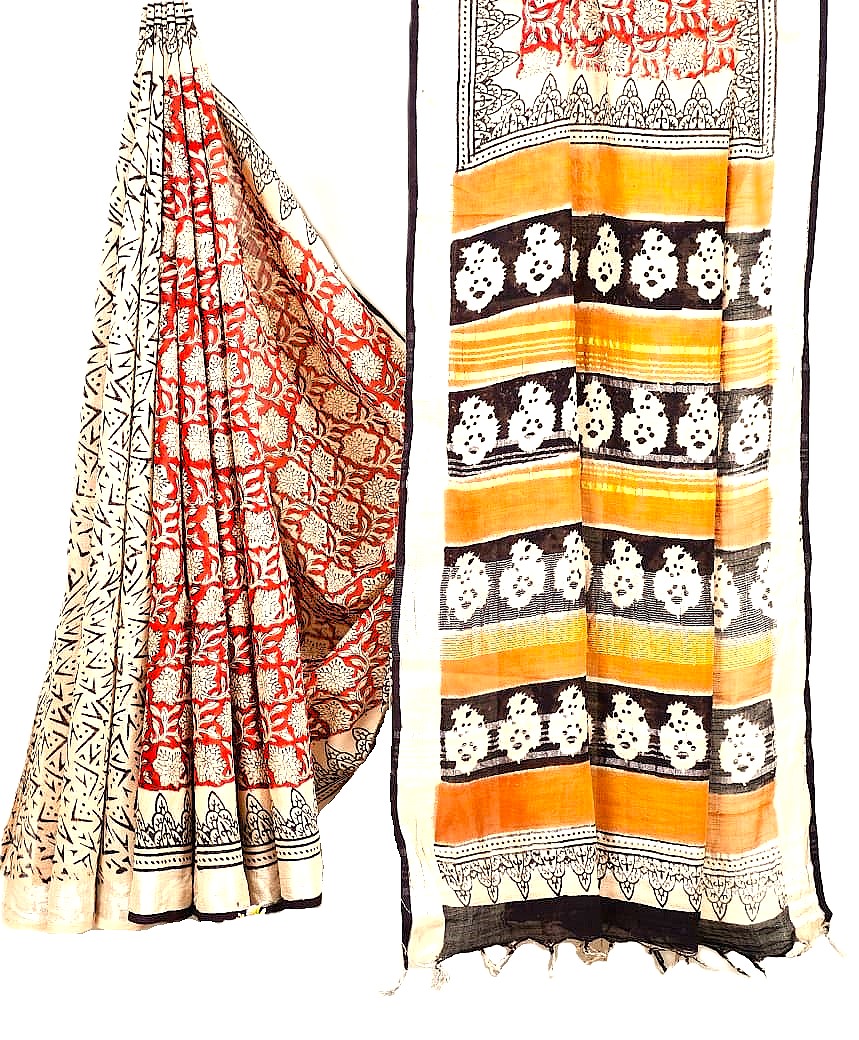 Matarangi Red Floral Handblock Printed Linen Cotton Saree