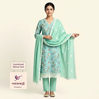 Pastel Cyan Blue Embroidered Linen Churidhar Material