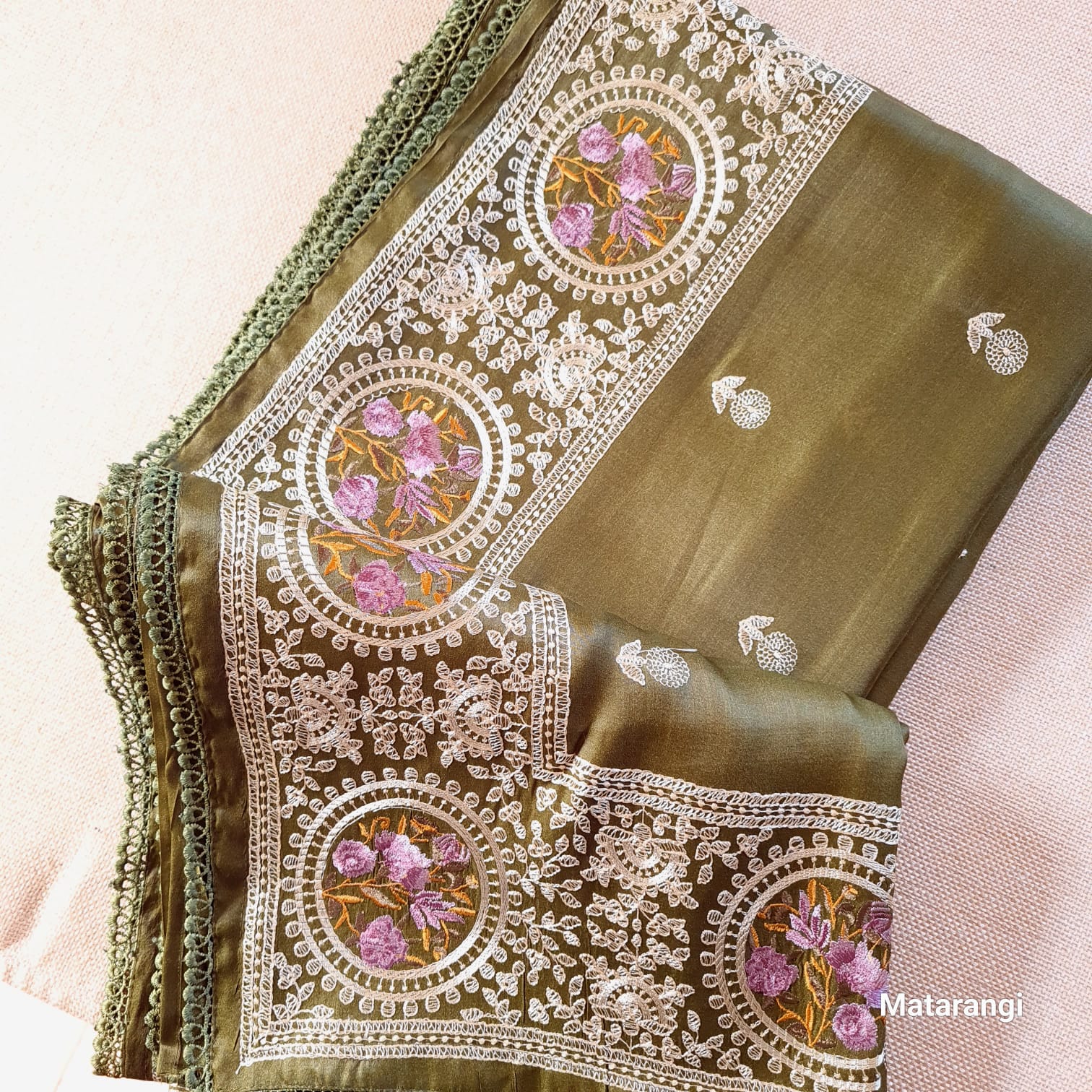 Green Embroidered Pure Satin Tussar Silk Saree