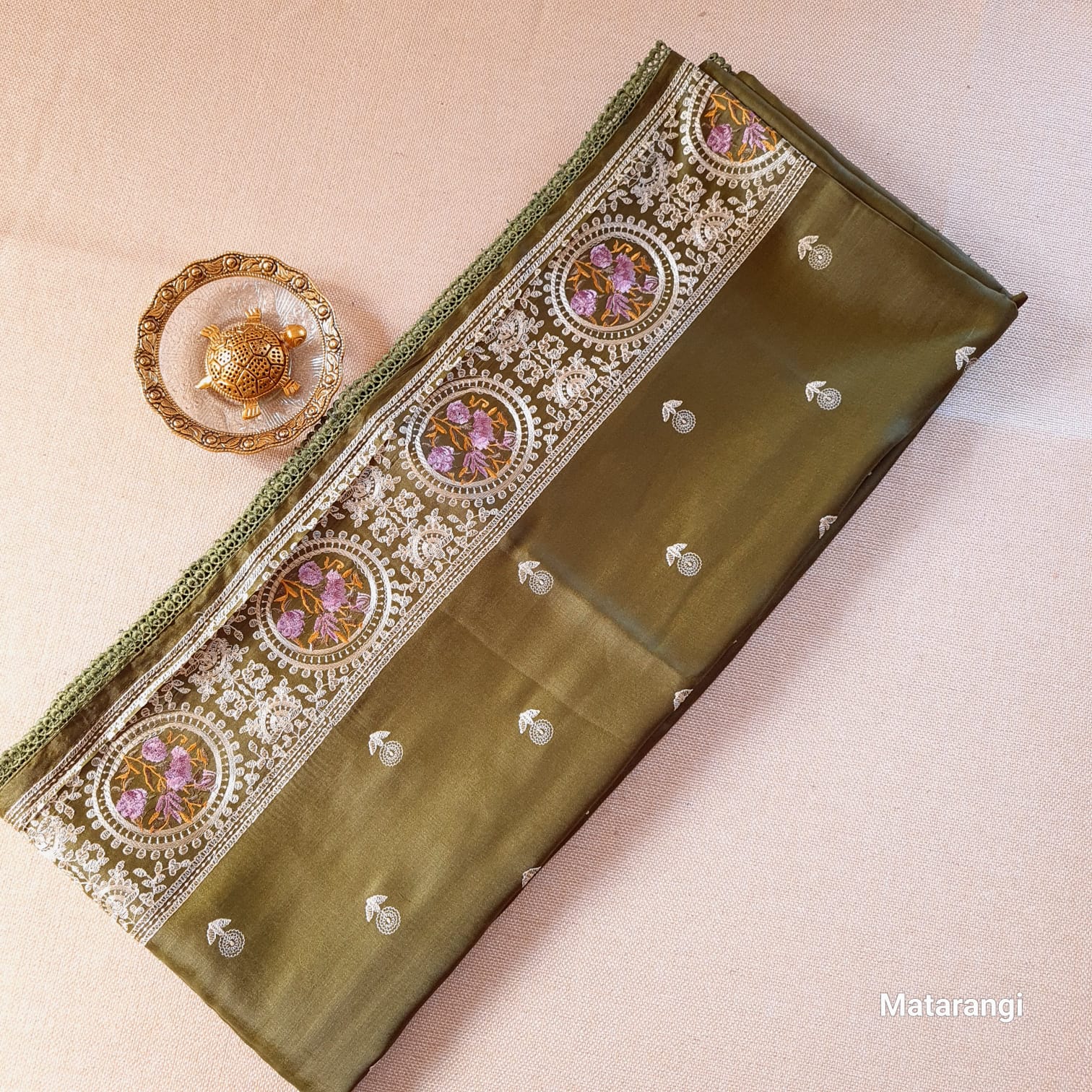 Green Embroidered Pure Satin Tussar Silk Saree