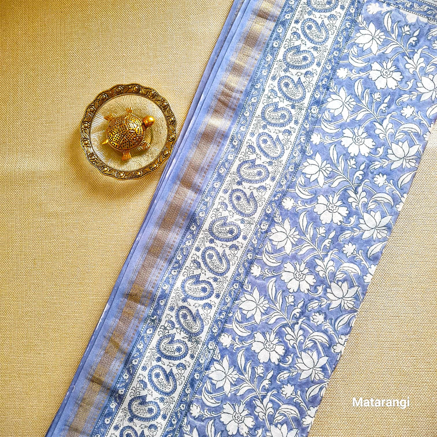 Matarangi Premium Bluish Grey Hand Block Printed Maheshwari Silk Saree