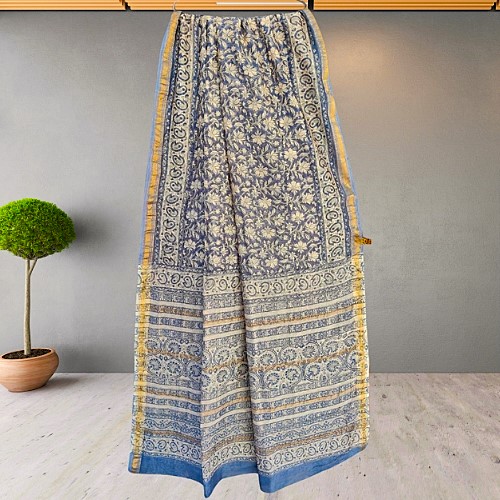 Matarangi Premium Bluish Grey Hand Block Printed Maheshwari Silk Saree