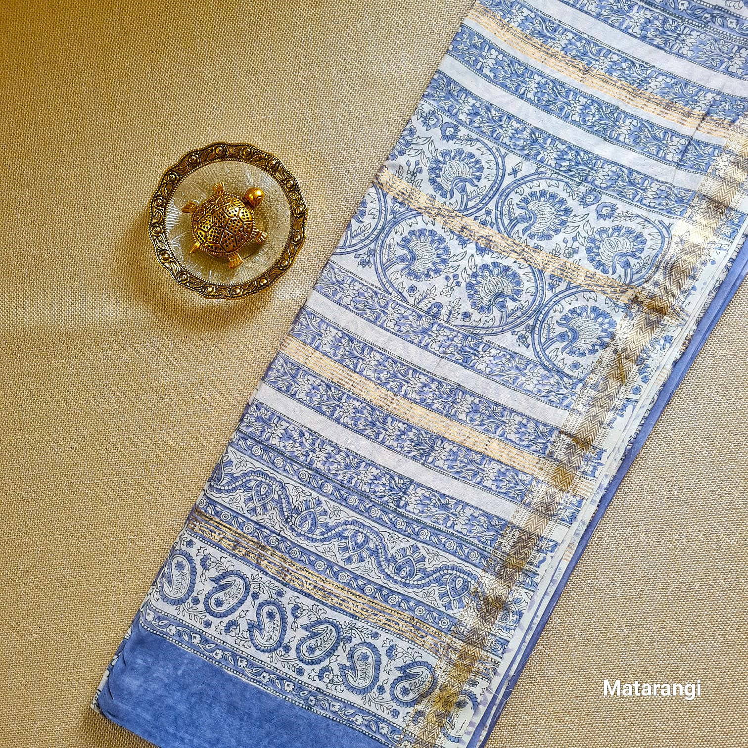Matarangi Premium Bluish Grey Hand Block Printed Maheshwari Silk Saree