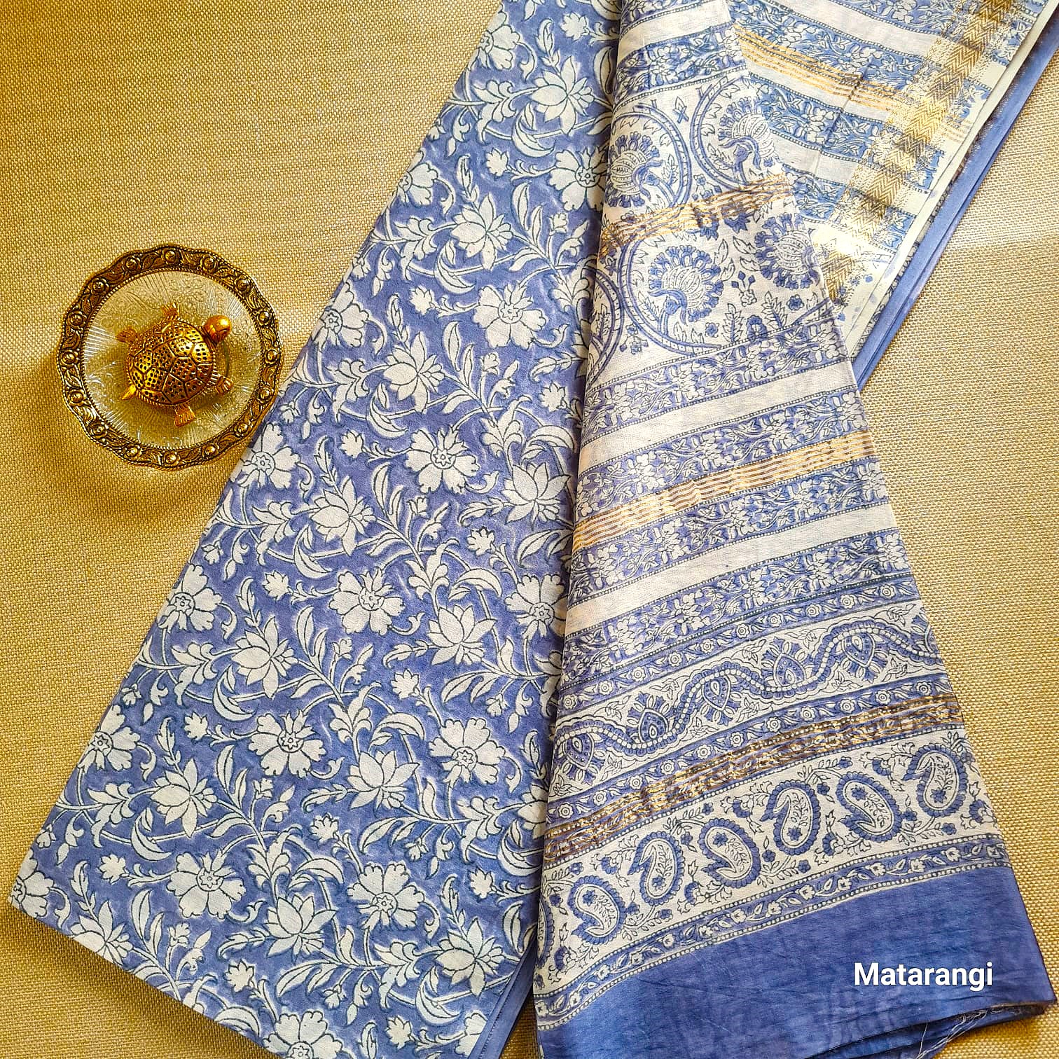 Matarangi Premium Bluish Grey Hand Block Printed Maheshwari Silk Saree