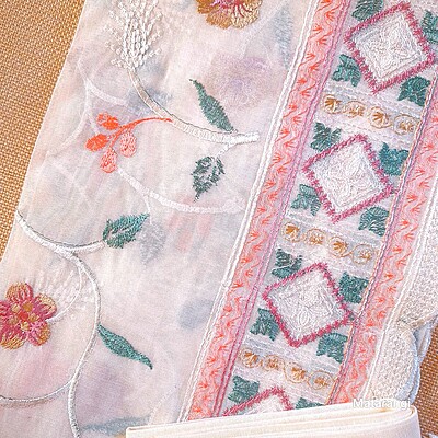 Matarangi Offwhite Orange Floral Embroidered Mul Chanderi Salwar Material Matarangi Offwhite Orange Floral Embroidered Mul Chanderi Salwar Material