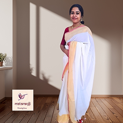 Matarangi Cream & Red Mul Cotton Kerala Saree