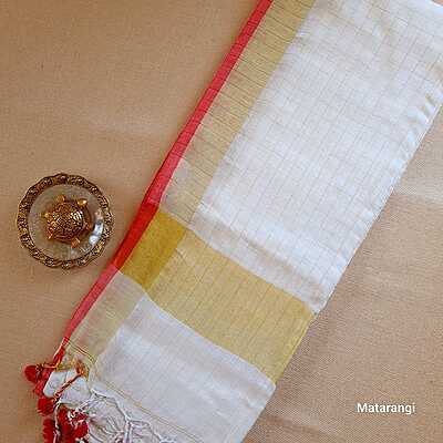 Matarangi Offwhite Organic Linen Check Saree Matarangi Offwhite Organic Linen Check Saree