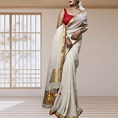 Matarangi Offwhite Organic Linen Check Saree Matarangi Offwhite Organic Linen Check Saree