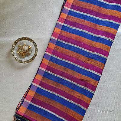 Matarangi Magenta & Blue Striped Pure Organic Handloom Linen Saree