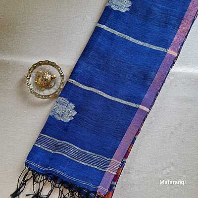 Matarangi Magenta & Blue Striped Pure Organic Handloom Linen Saree