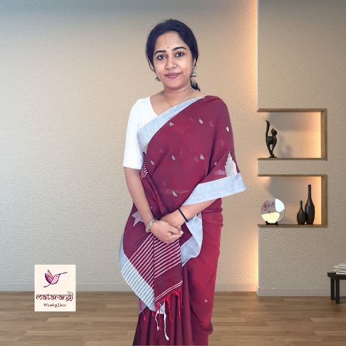Matarangi Maroon Handloom Khadi Cotton  Temple Design Saree
