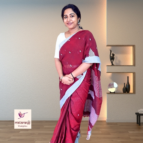 Matarangi Maroon Handloom Khadi Cotton  Temple Design Saree