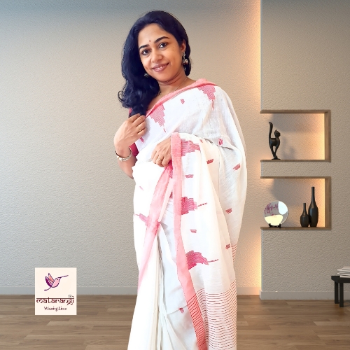 Matarangi White Handloom Khadi Cotton  Temple Design Saree