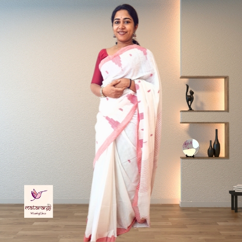 Matarangi White Handloom Khadi Cotton  Temple Design Saree