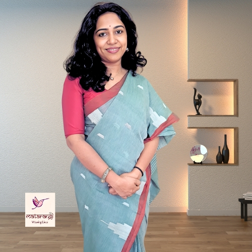 Matarangi Light Greyish Green Handloom Khadi Cotton  Temple Design Saree