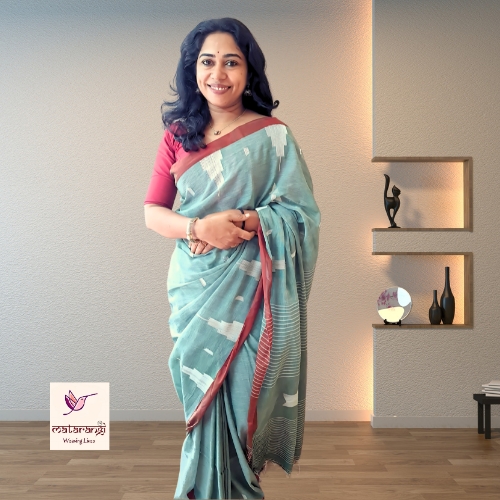 Matarangi Light Greyish Green Handloom Khadi Cotton  Temple Design Saree