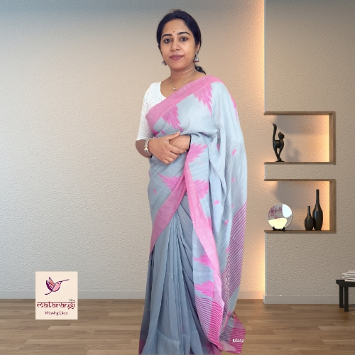 Matarangi Light Bluish Grey Handloom Khadi Cotton Temple Design Saree