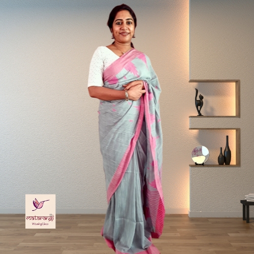 Matarangi Light Bluish Grey Handloom Khadi Cotton Temple Design Saree