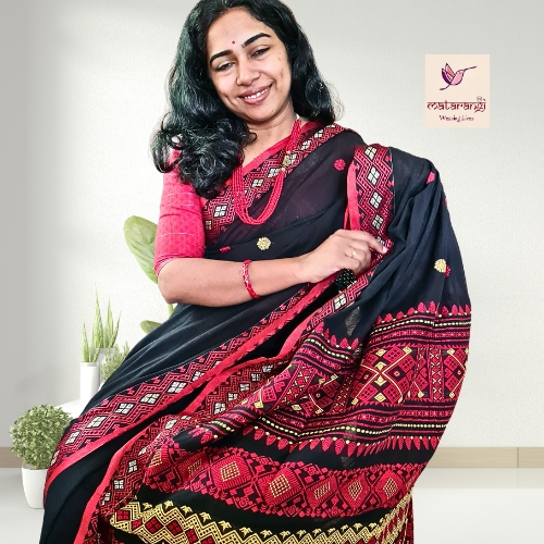 Matarangi Black Handloom Muslin Cotton Jamdani Saree