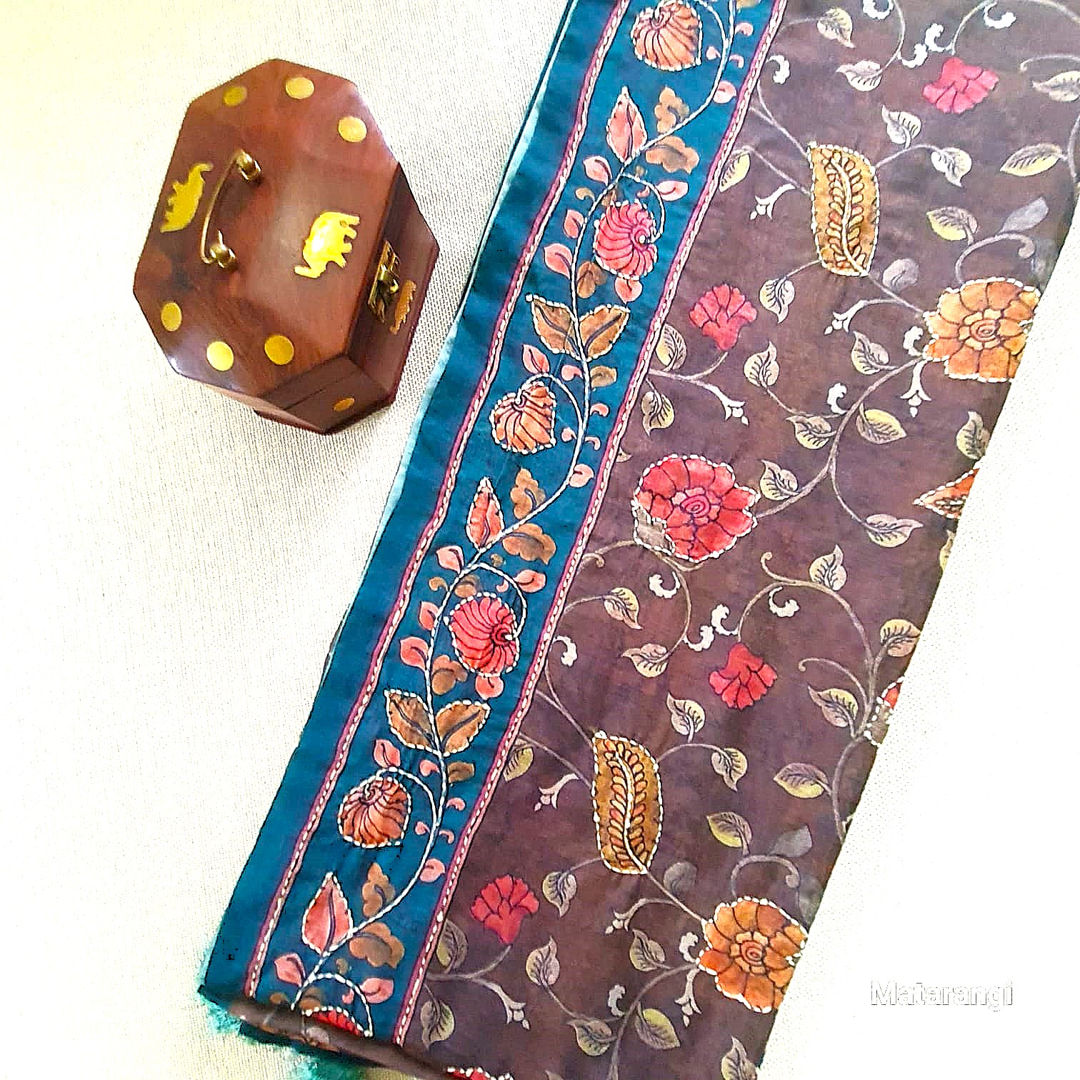 Brownish Green Kalamkari Kantha Chanderi Saree