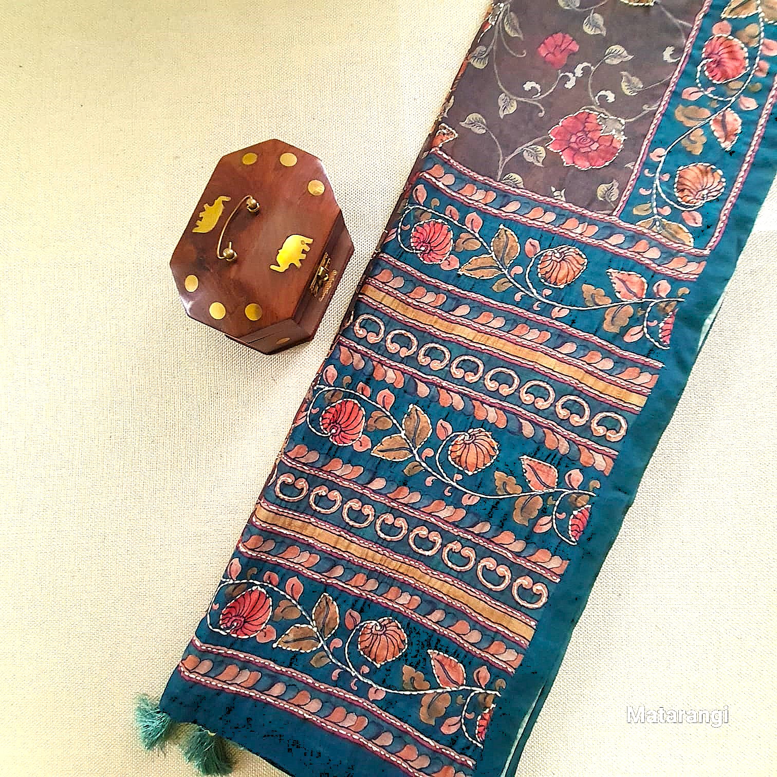 Brownish Green Kalamkari Kantha Chanderi Saree