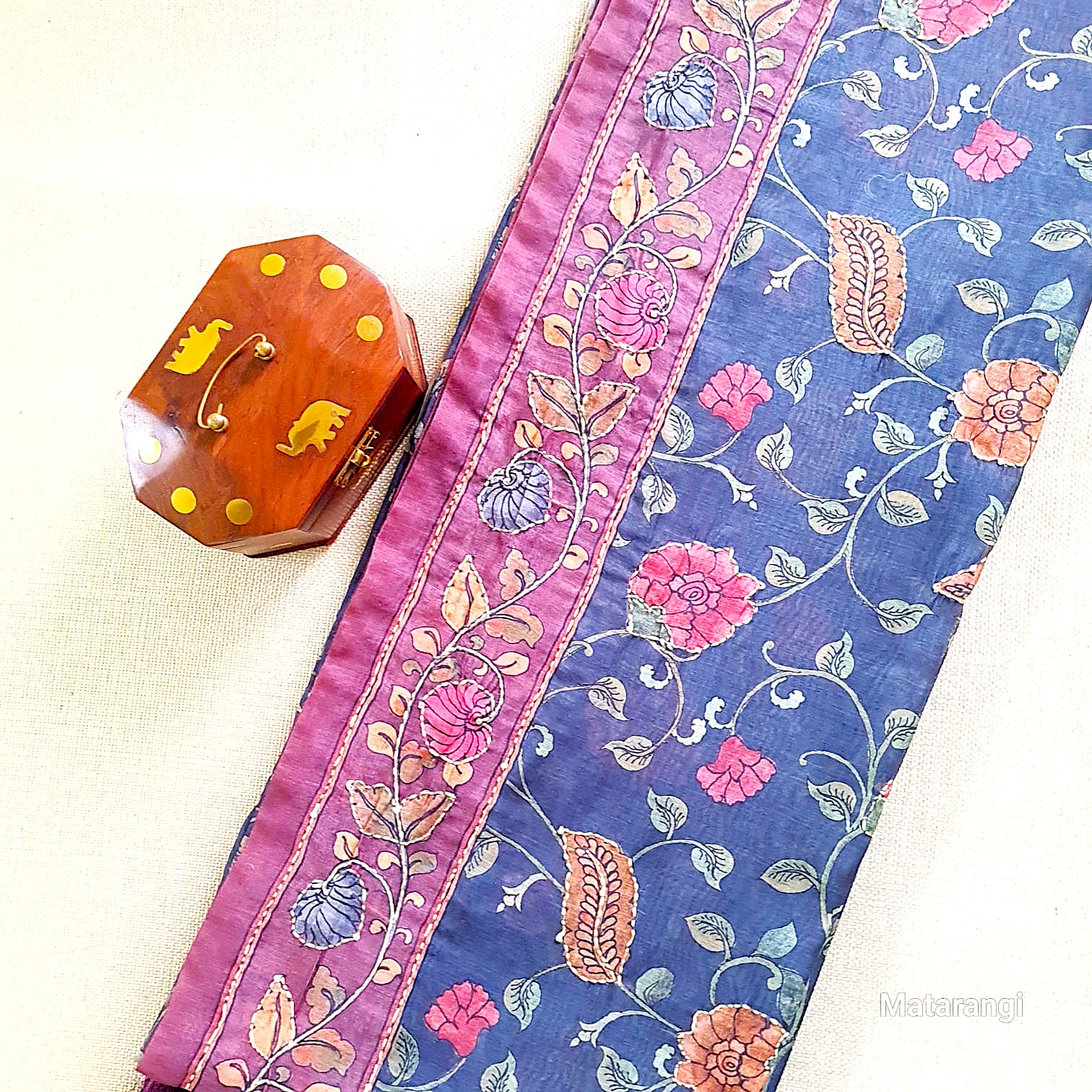 Blue Kalamkari Kantha Chanderi Saree