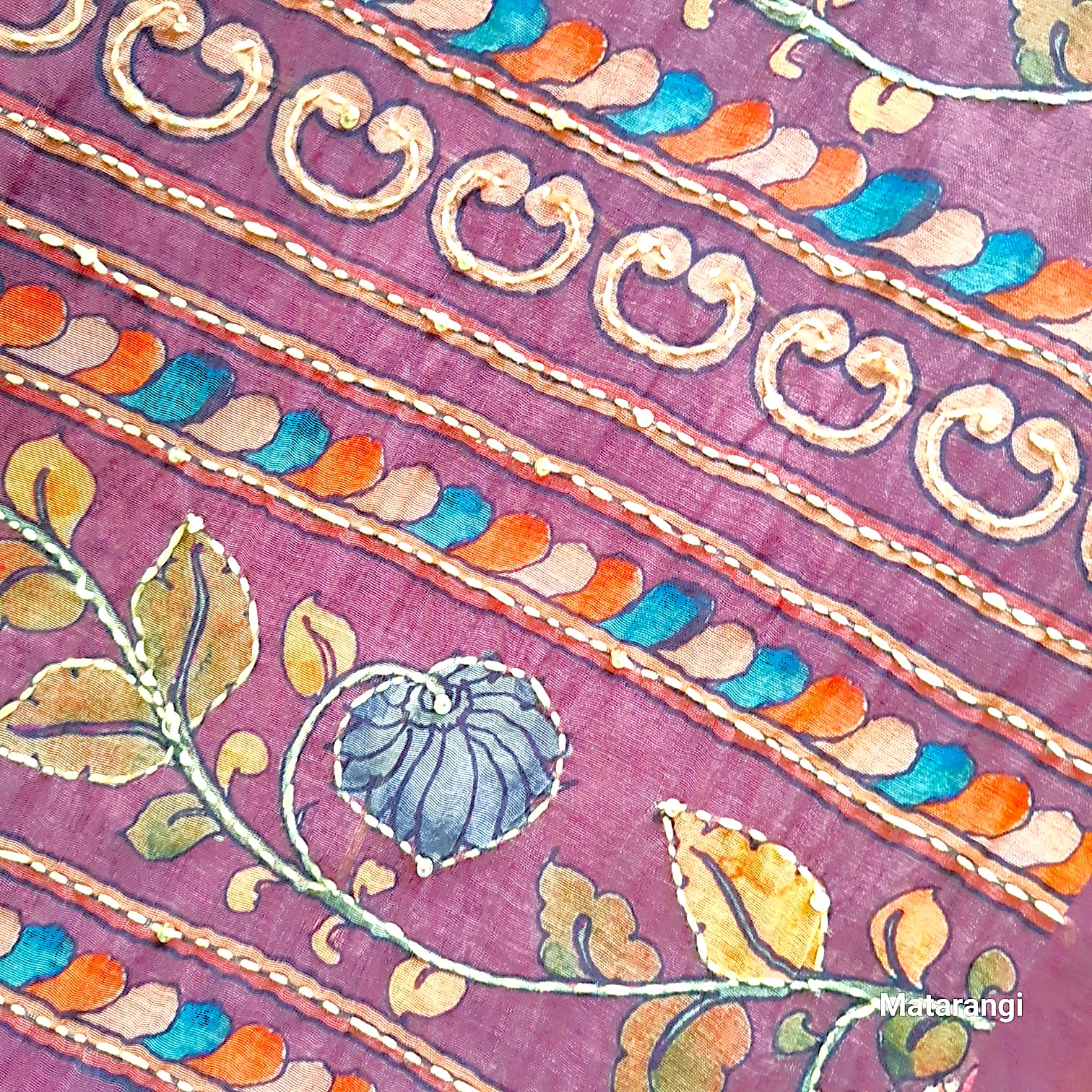 Blue Kalamkari Kantha Chanderi Saree