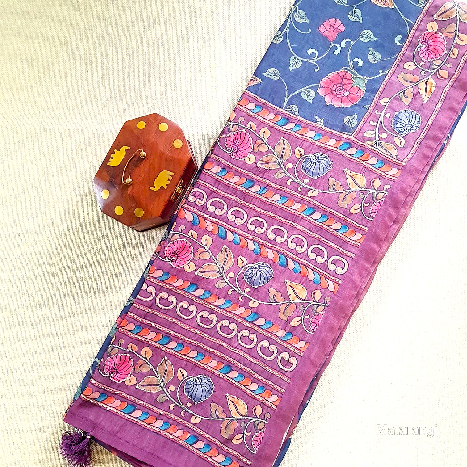 Blue Kalamkari Kantha Chanderi Saree