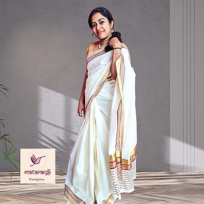 Matarangi Handloom Kerala Set Saree Striped Maroon